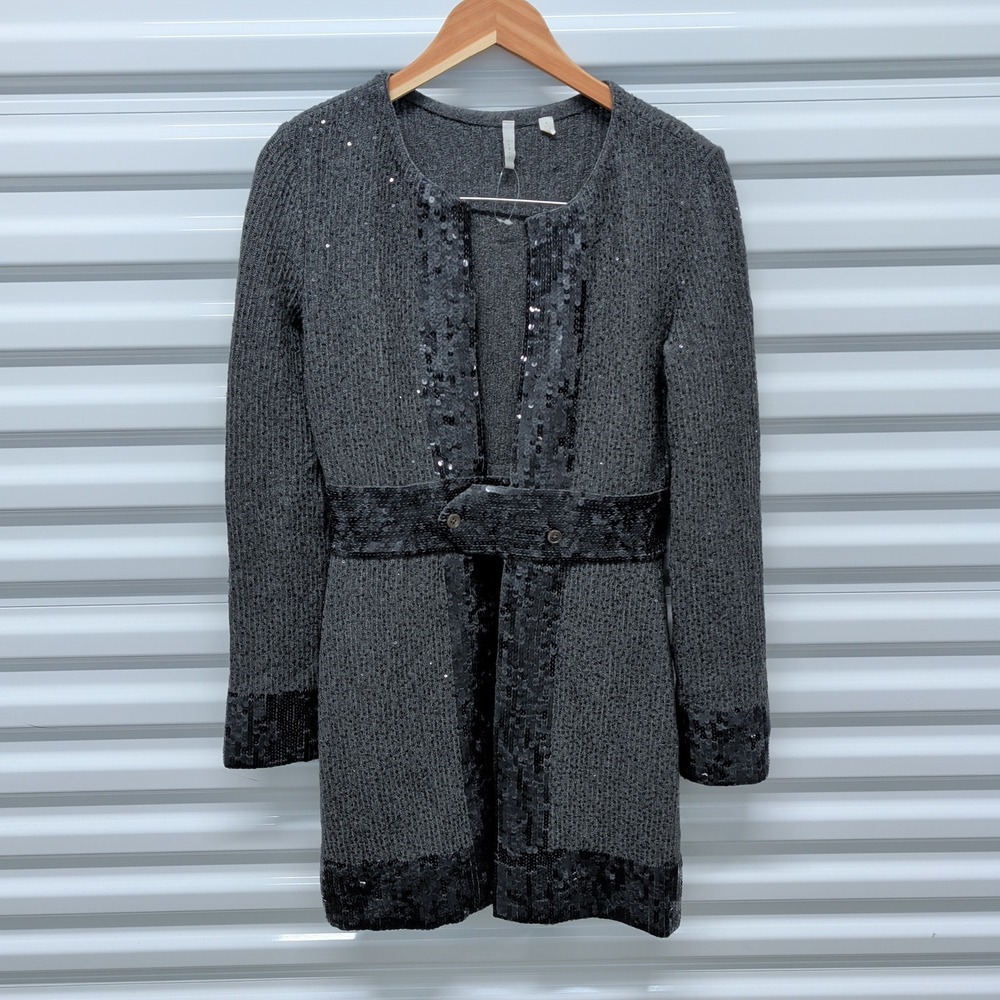 IISLI Women Cardigan Sweater 4 100% Wool Gray Sequin Long Belted Open Front Boho